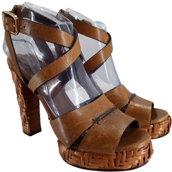 Tory Burch Cella Cognac Brown Leather Platform Heel Sandals Size 7.5 Strappy - Picture 1 of 14